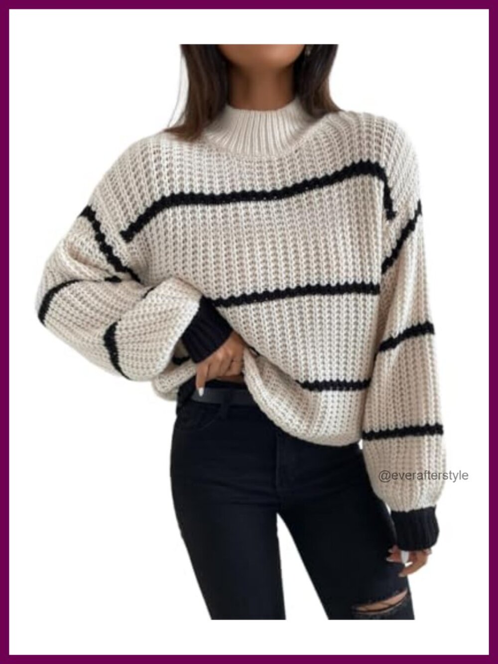 Women's High Neck Cropped Stripe Knit Long Sleeve Pullover Sweater